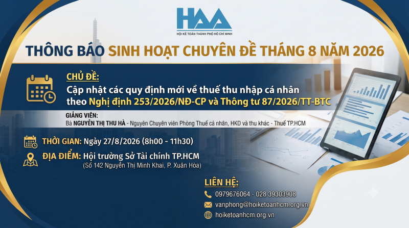 Thông báo sinh hoạt Hội Kế toán TP.HCM tháng 8 năm 2026