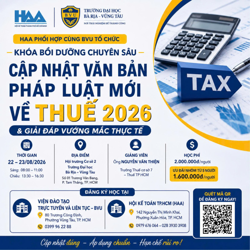 Khóa bồi dưỡng tại Bà Rịa - Vũng Tàu: Cập Nhật Các Văn Bản Pháp Luật Mới Về Thuế &amp; Giải đáp vướng mắc