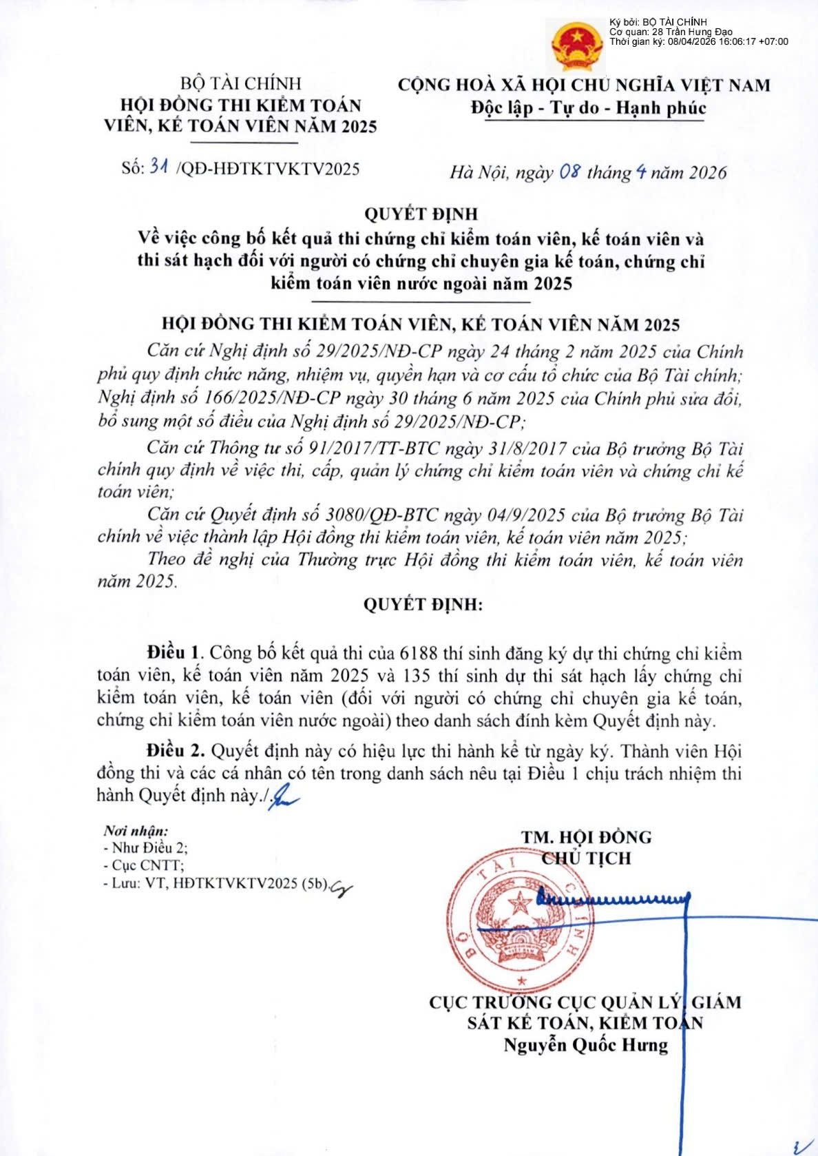 Hội đồng thi kiểm toán viên, kế toán viên năm 2025 công bố kết quả thi chứng chỉ kiểm toán viên, kế toán viên